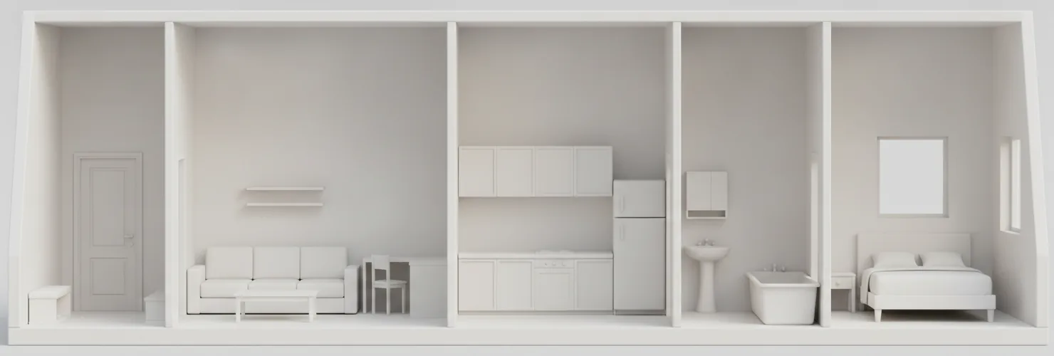 Un appartement en coupe : entrée, salon, cuisine, salle de bain, chambre.